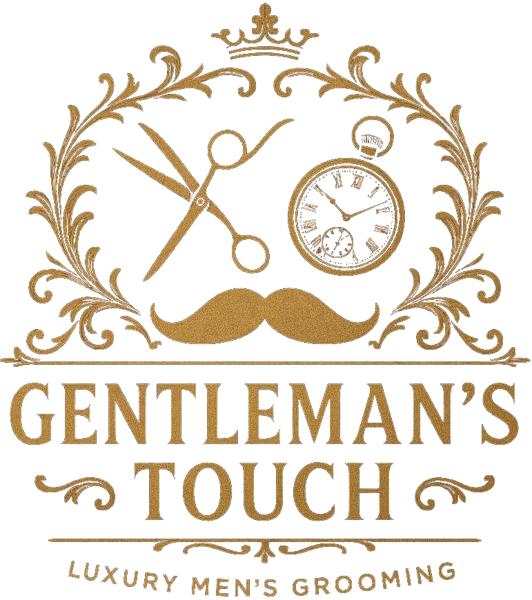 Logo van Gentleman’s touch: schaar, zakhorloge, snor en kroon boven de naam, met Luxury men’s grooming